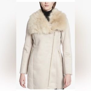 Calvin Klein Asymmetrical Faux-Shearling Coat Latte Size PM